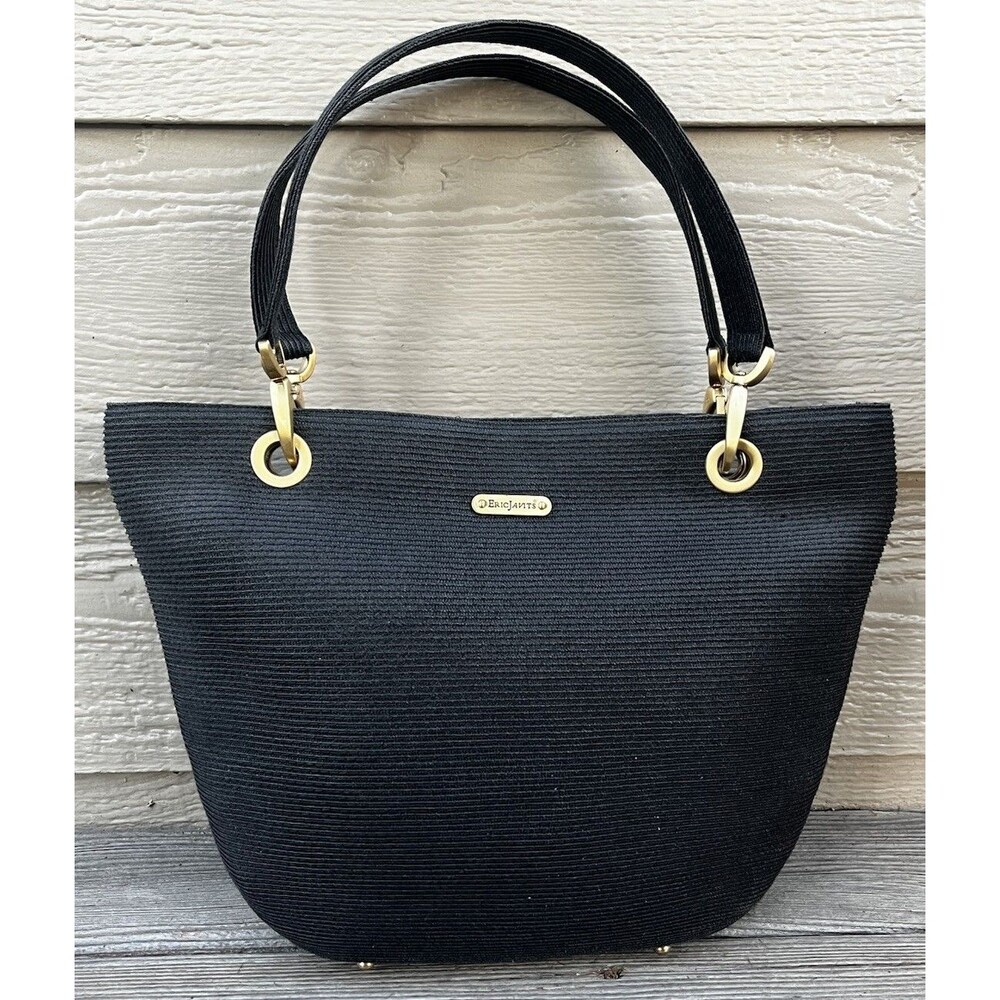 Eric Javits Squishee Clip Woven Straw Shoulder Tote Bag - Black